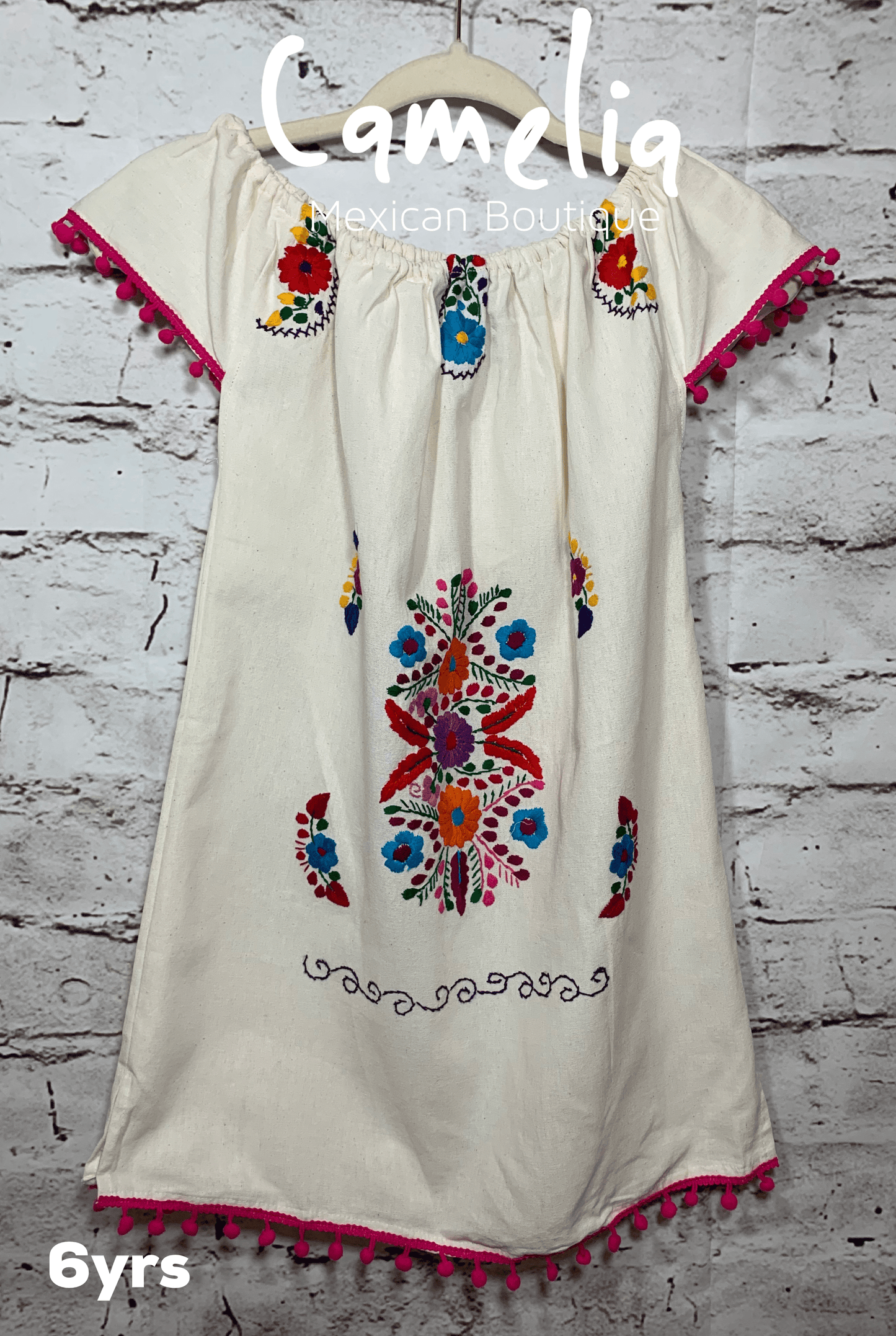 Puebla Girl Mexican Dress Pom Pom