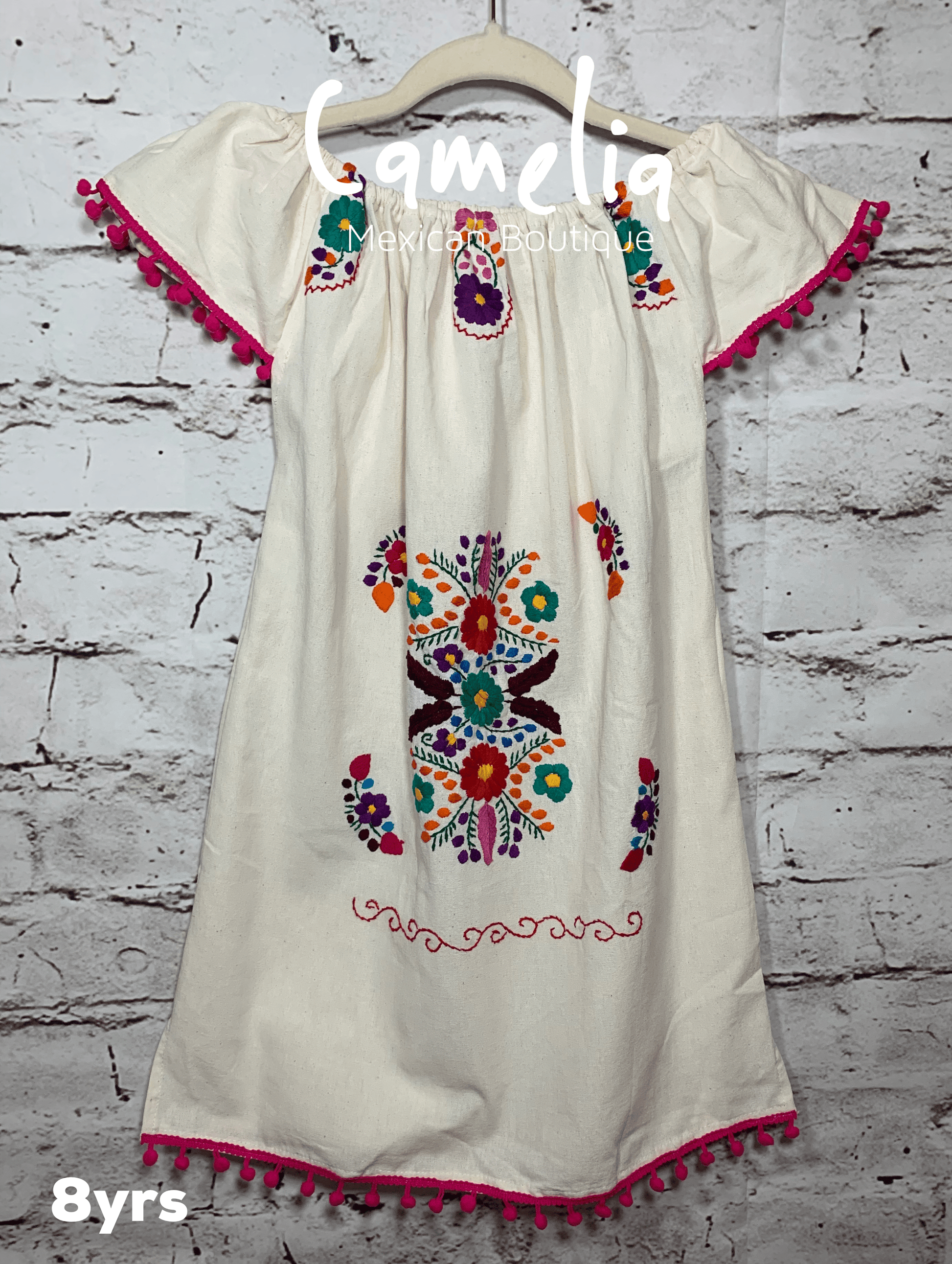 Puebla Girl Mexican Dress Pom Pom