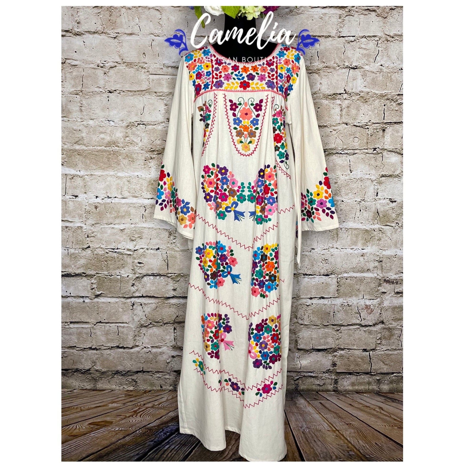 Puebla Maxi Mexican Dress Bell Sleeve