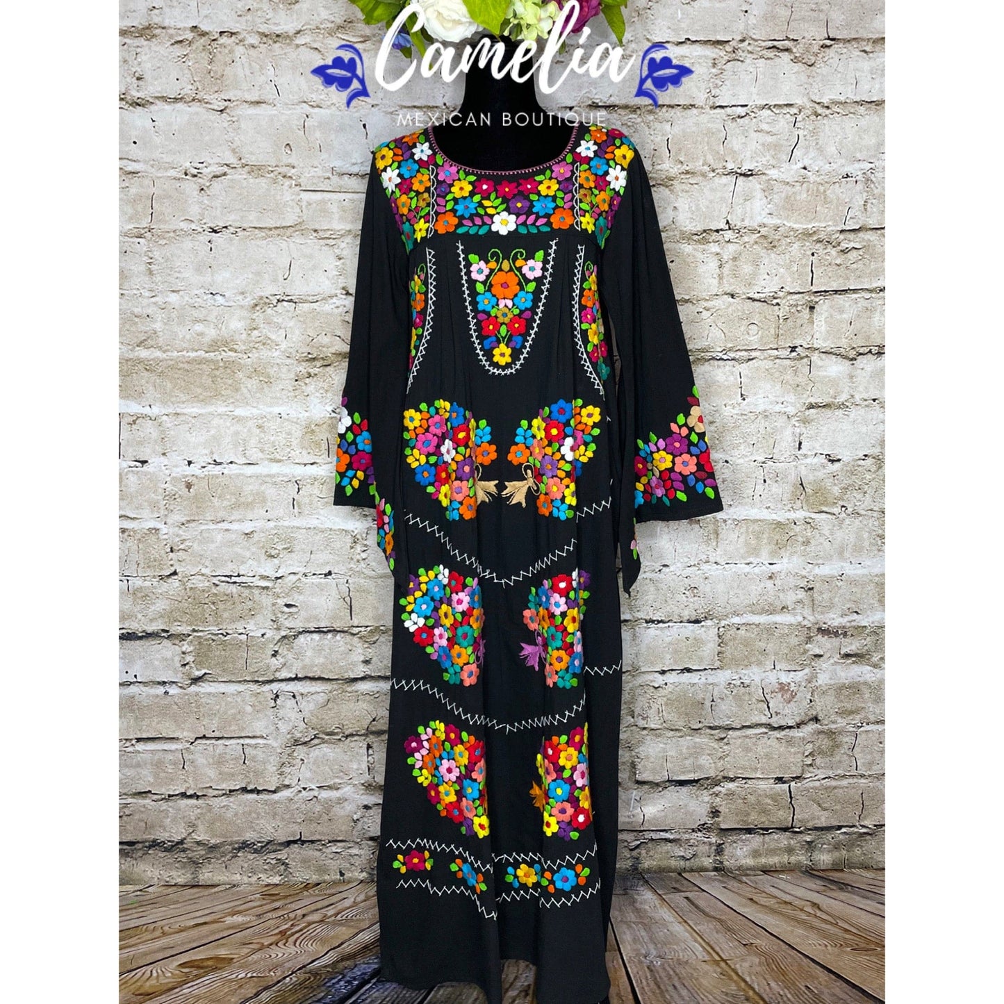 Puebla Maxi Mexican Dress Bell Sleeve