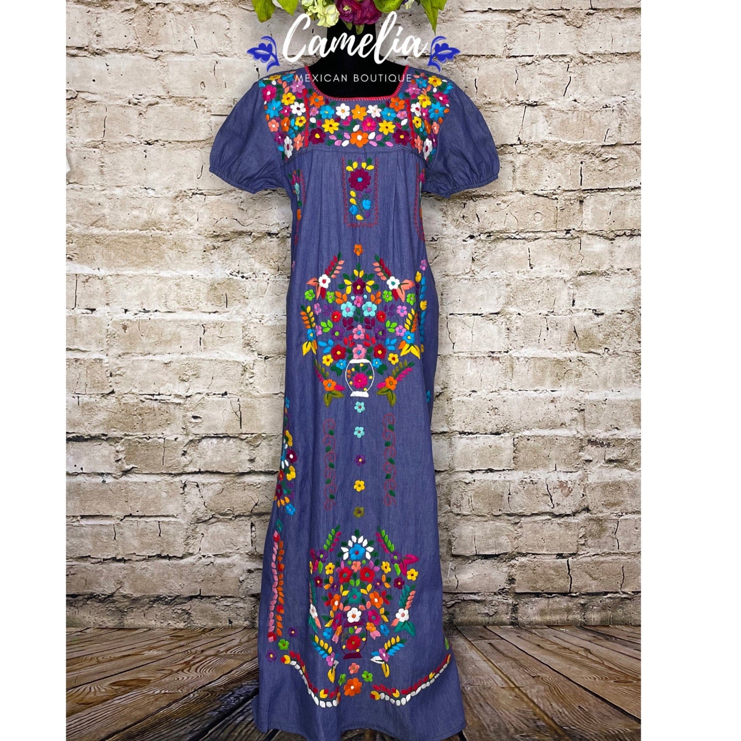 Puebla Maxi Mexican Dress Denim