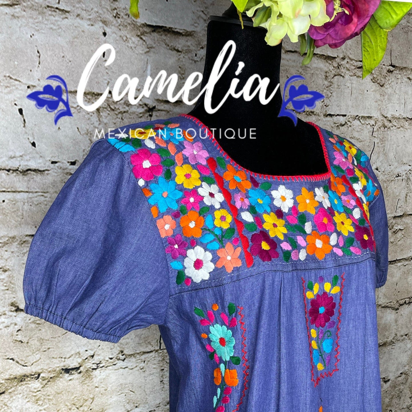 Puebla Maxi Mexican Dress Denim