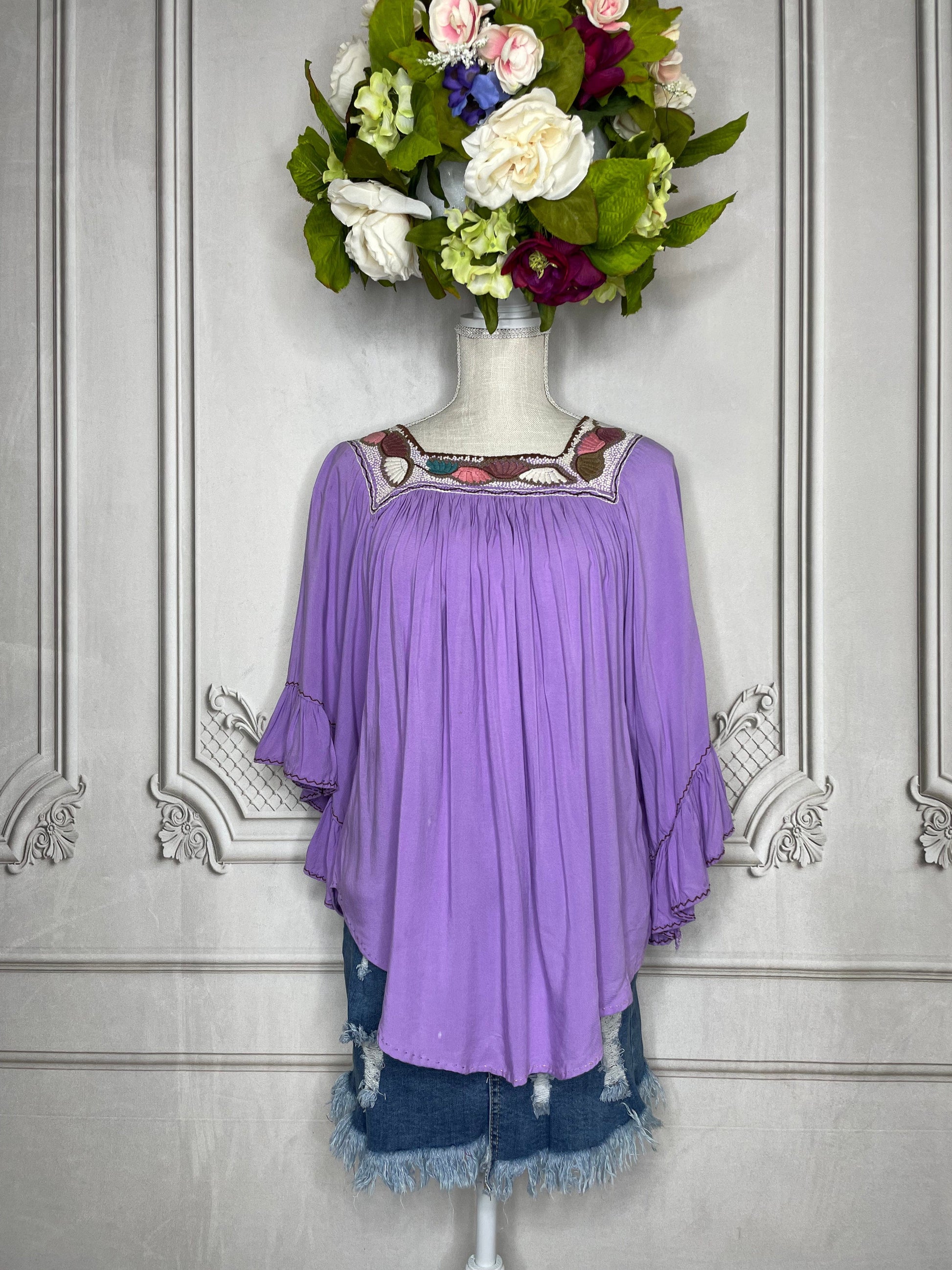 Rococo Square Neck Mexican Tunic - Bell Sleeve