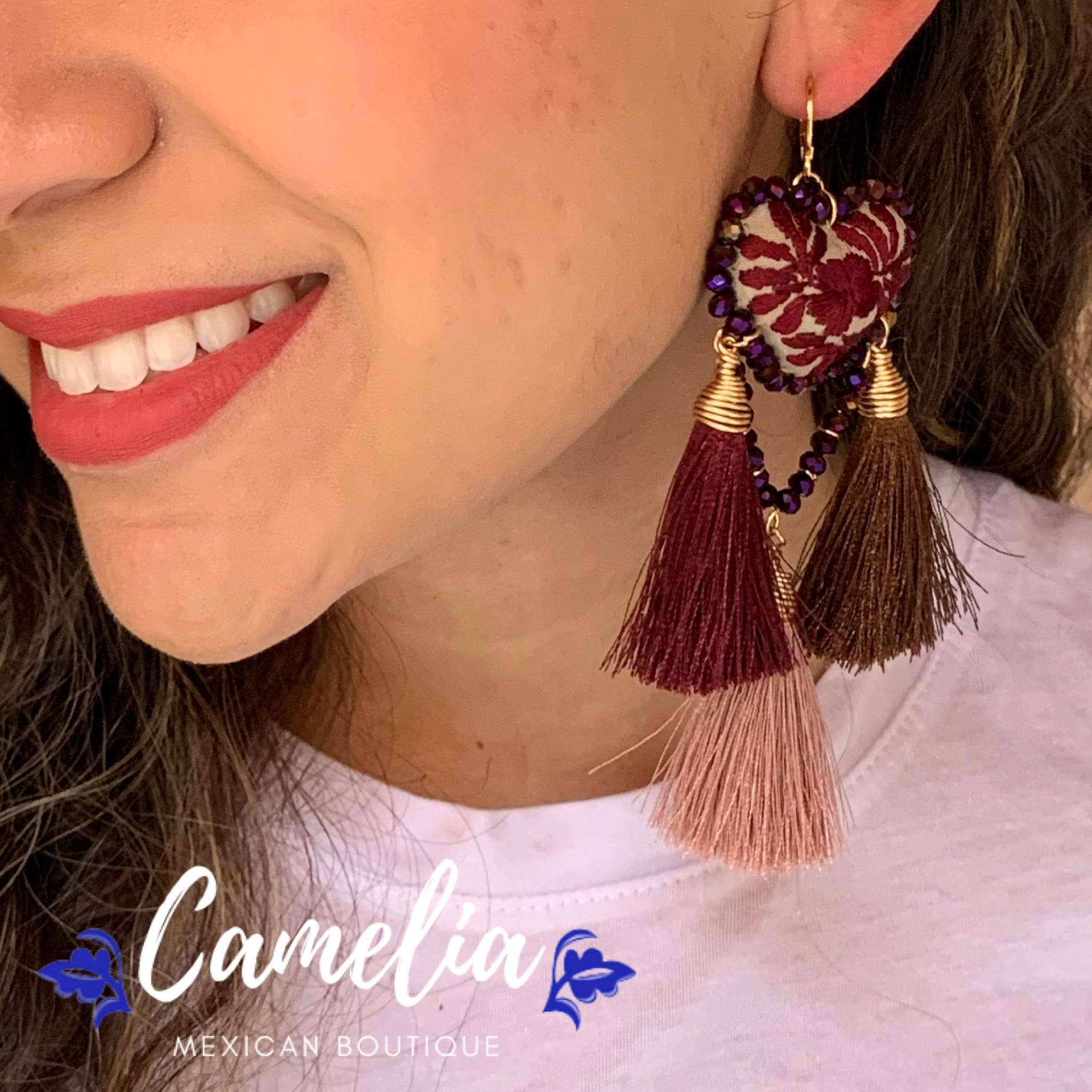 San Antonino Embroidered Heart Tasseled Earrings - Plum