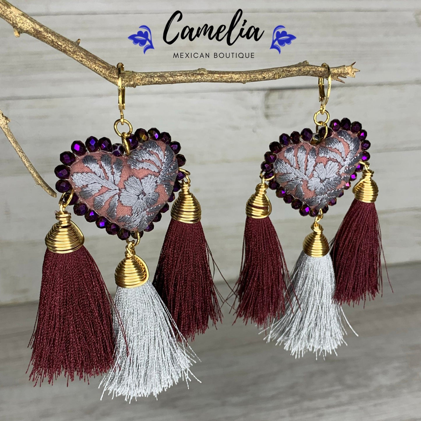 San Antonino Embroidered Heart Tasseled Earrings - Plum Silver