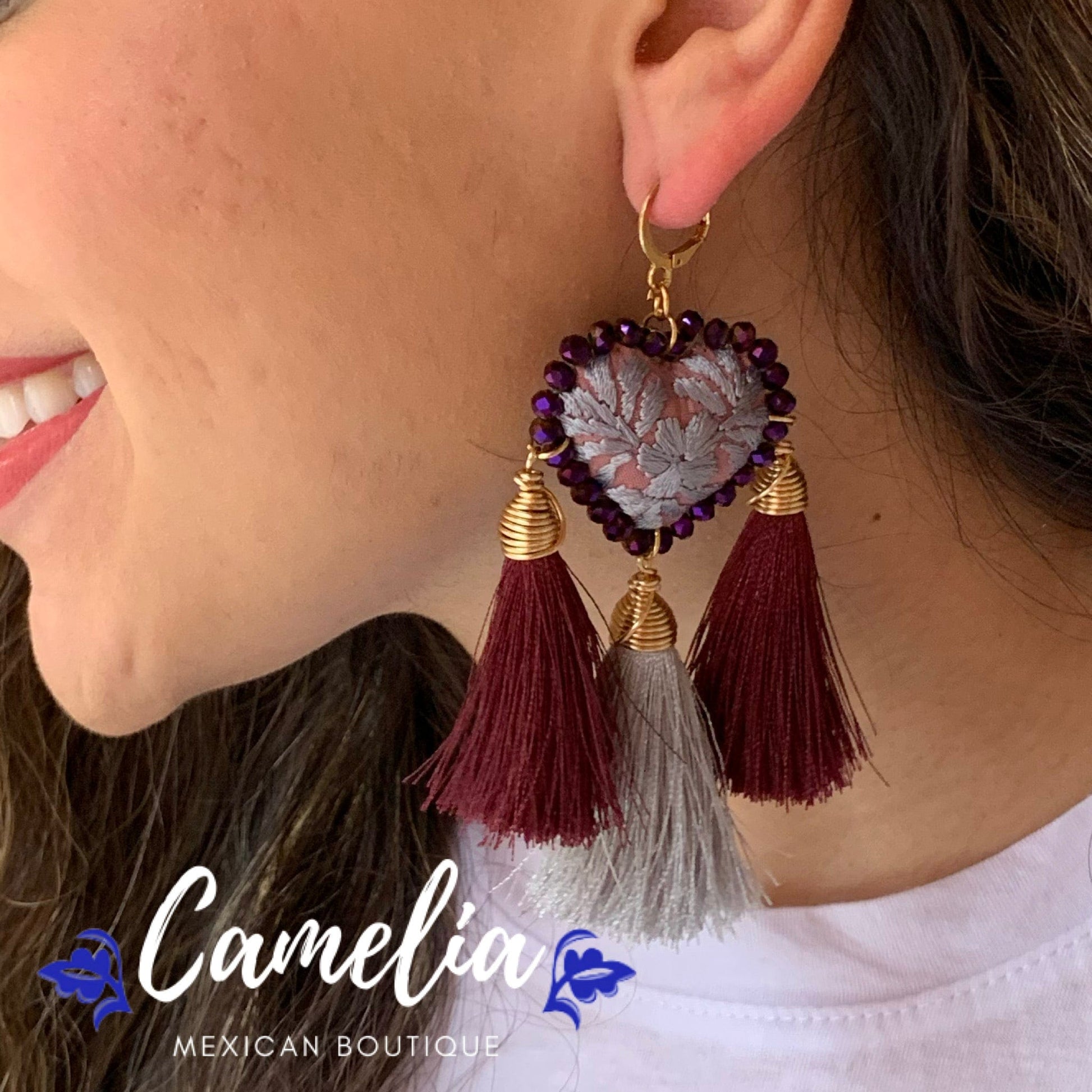 San Antonino Embroidered Heart Tasseled Earrings - Plum Silver