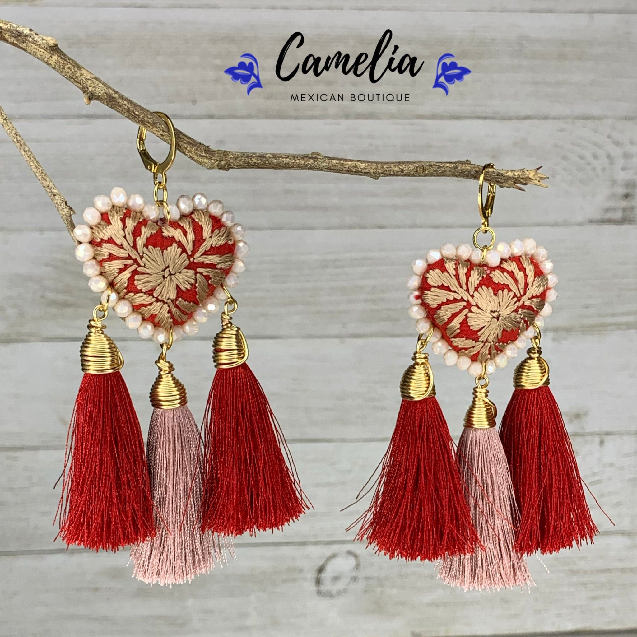 San Antonino Embroidered Heart Tasseled Earrings - Red