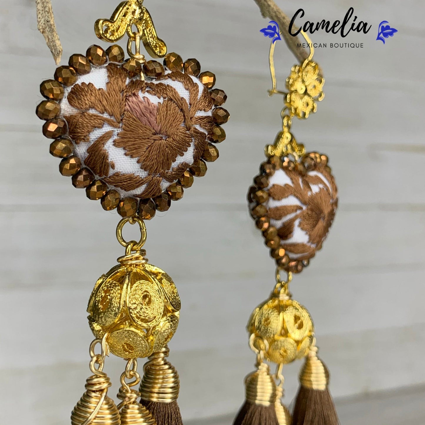 San Antonino Filigree Embroidered Heart Tasseled Earrings - Brown