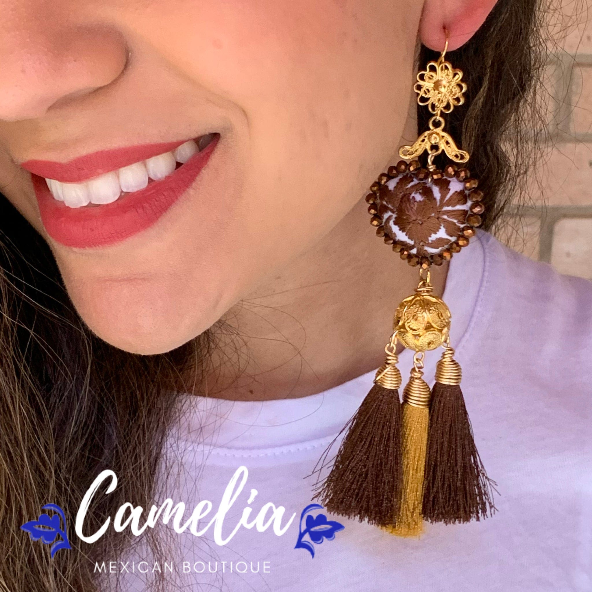 San Antonino Filigree Embroidered Heart Tasseled Earrings - Brown