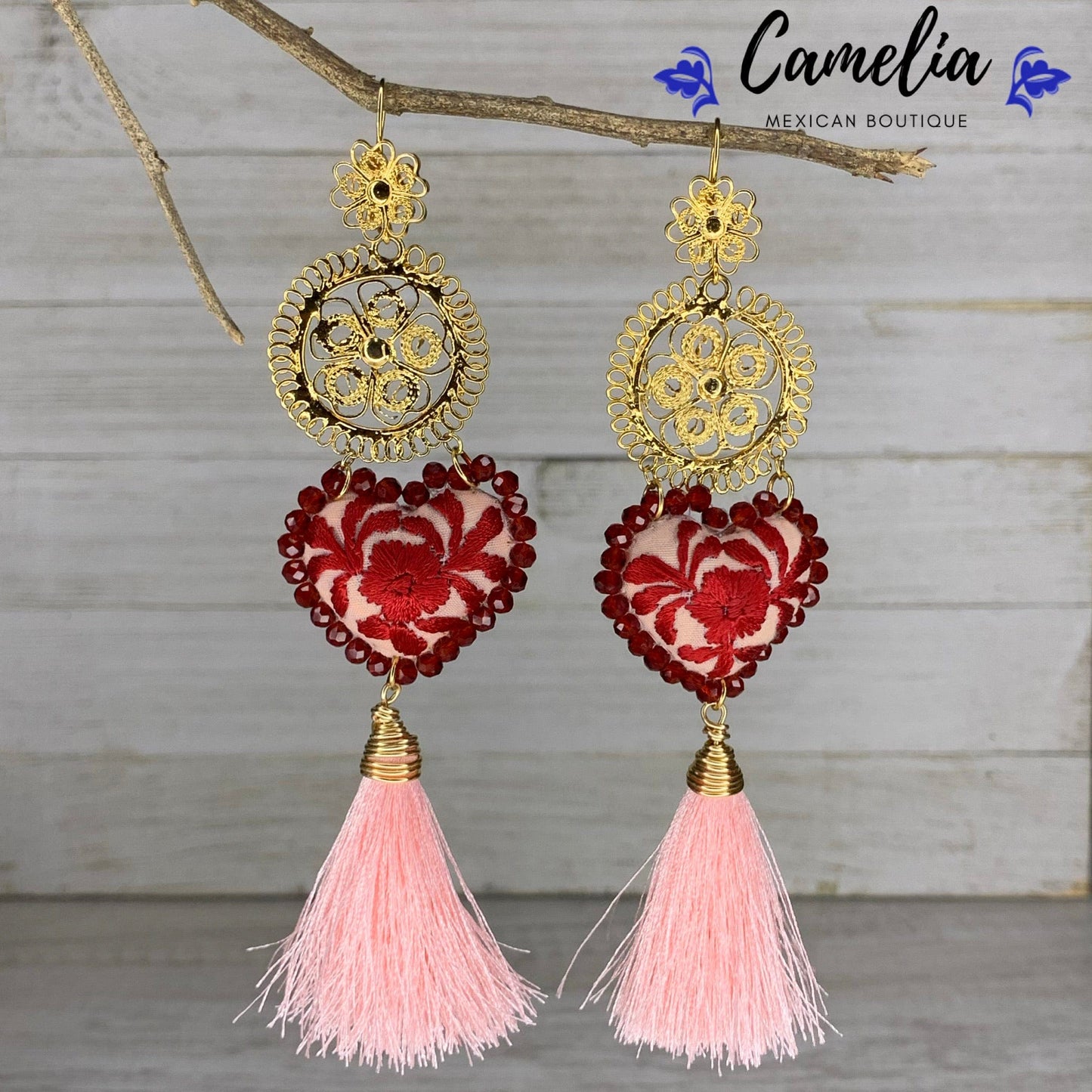 San Antonino Filigree Embroidered Heart Tasseled Earrings - Pink