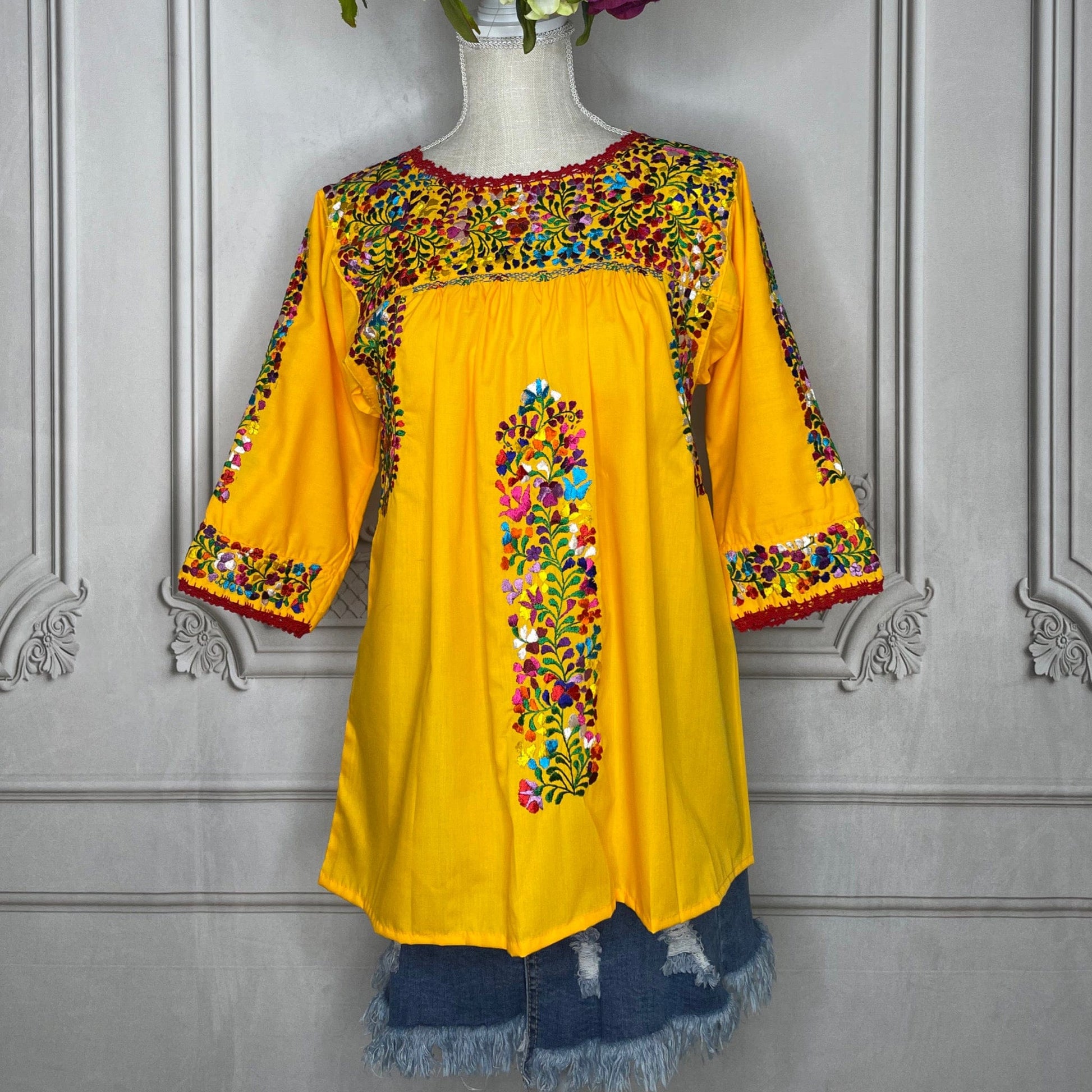 San Antonino Gala Mexican Blouse - 3/4 Sleeve Silk