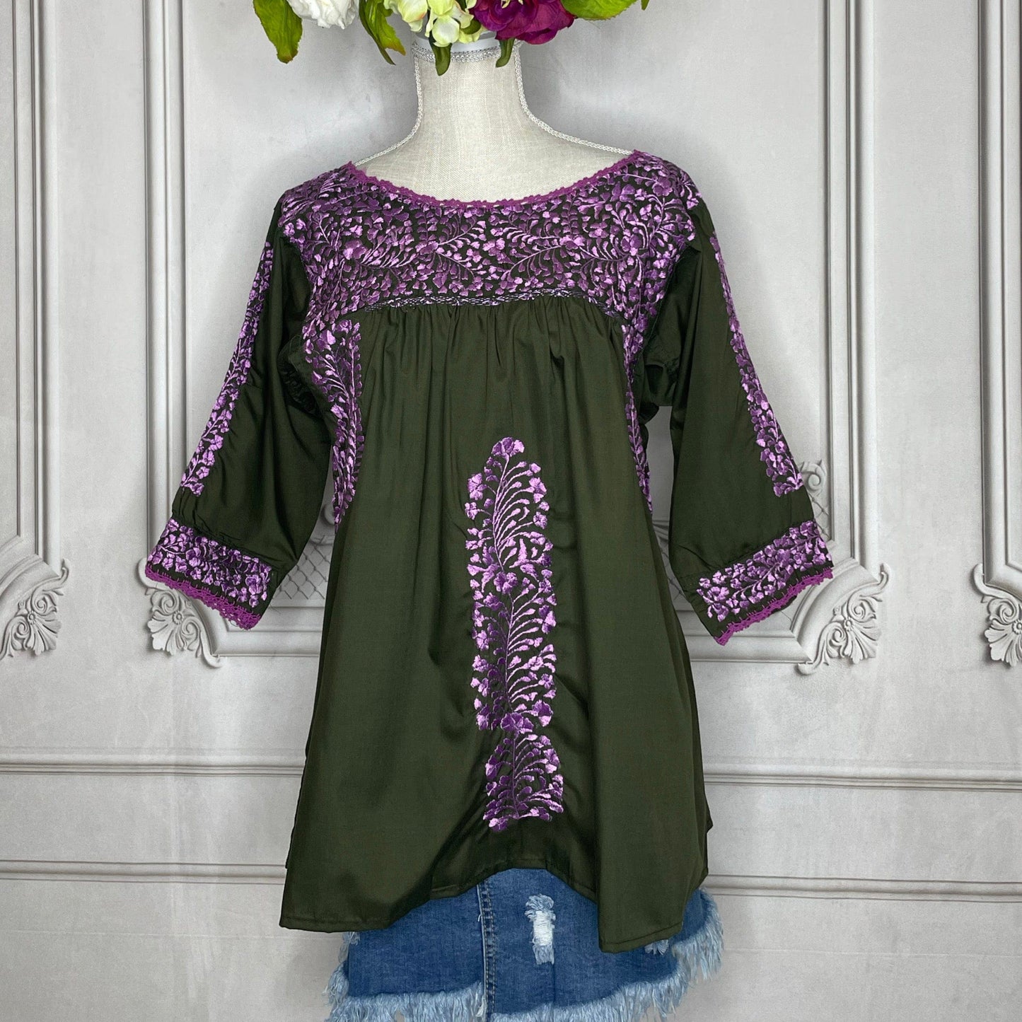 San Antonino Gala Mexican Blouse - 3/4 Sleeve Silk