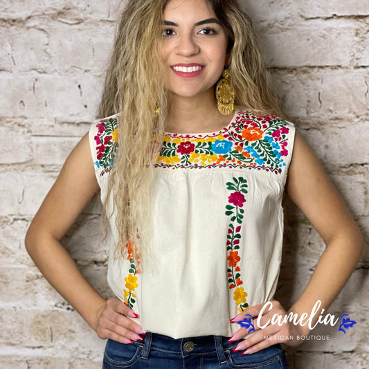 San Antonino Mexican Blouse - Sleeveless Cotton Embroidery