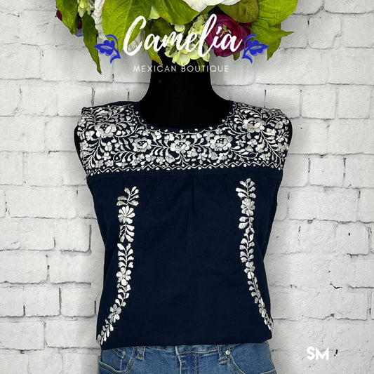 San Antonino Mexican Blouse - Sleeveless Silk Embroidery