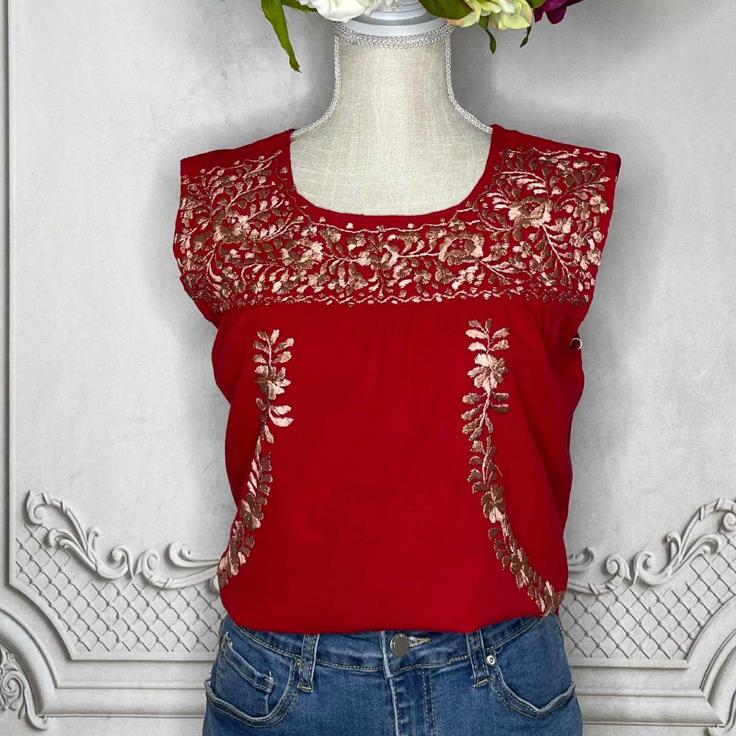 San Antonino Mexican Blouse - Sleeveless Silk Embroidery