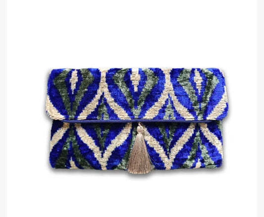 Silk Velvet Ikat Clutch Blue Diamond