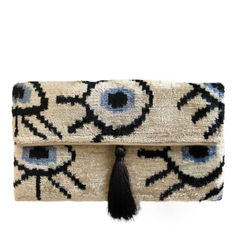 Silk Velvet Ikat Clutch Evil Eye Gold