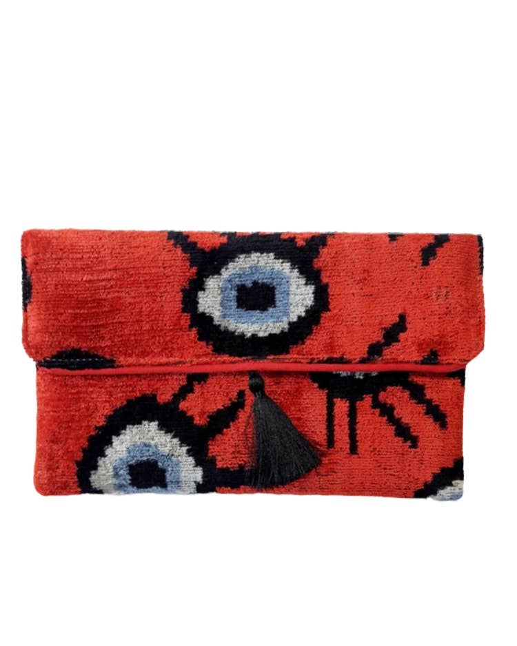 Red Hand Designs Native Silk Velvet Ikat Clutch Evil Eye Red – Camelia Mexican Boutique
