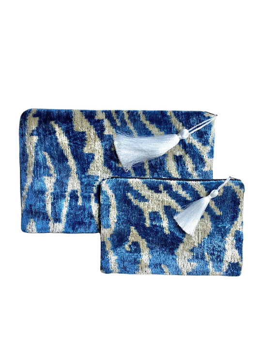 Silk Velvet Ikat Clutch/Pouch Zebra Blue